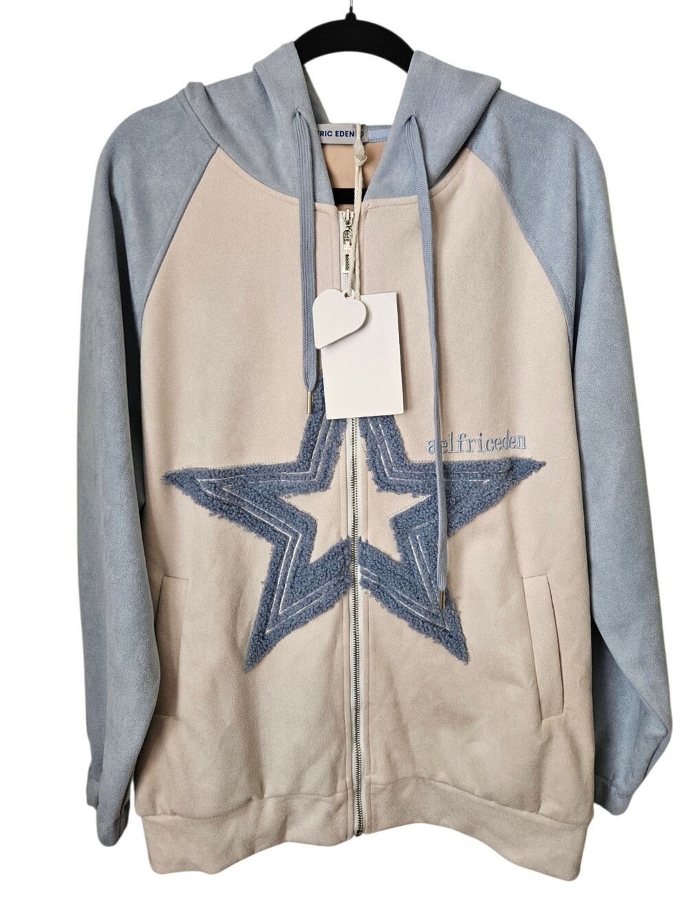 Aelfric Eden Star Patch Suede Colorblock Full Zip Hoodie Jacket Blue Cream M — image 2 of 8